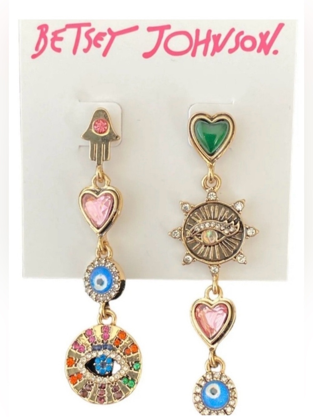 Betsey Johnson Gold-Tone Hamsa Hands, Hearts, and Evil Eye Symbols Earrings